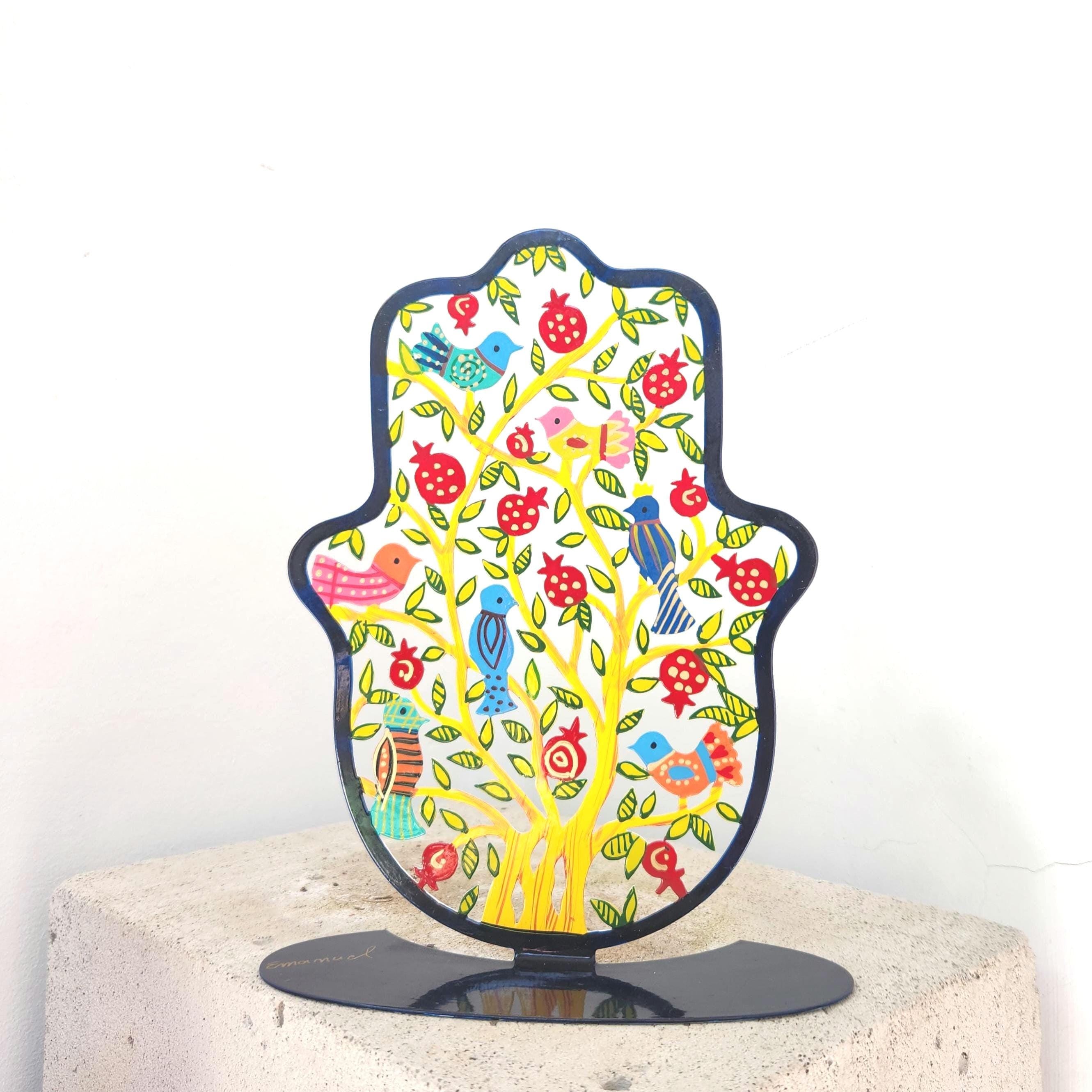 Yair Emanuel Judaica Art Metal Sign Israeli Artist Jewish Art Hanukkah Gift Jewish Gifts Judaica Gift for Home Decor Hamsa Sign Pomegranate