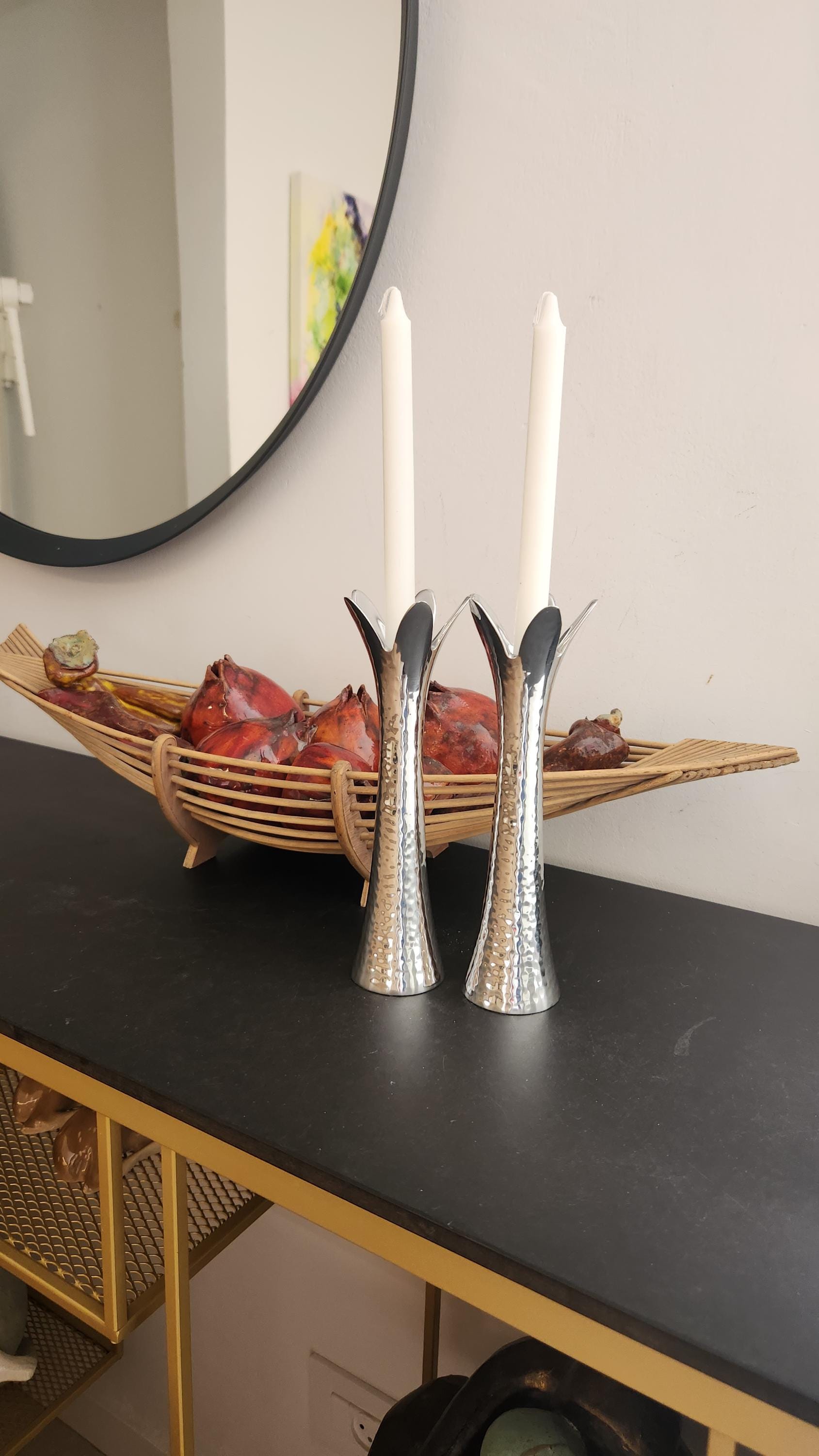 סט פמוטי שבת יאיר עמנואל יודאיקה אמנות מתכת פמוטים אמן ישראלי אמנות יהודית מתנות חנוכה מתנות יהודיות מתנות יודאיקה