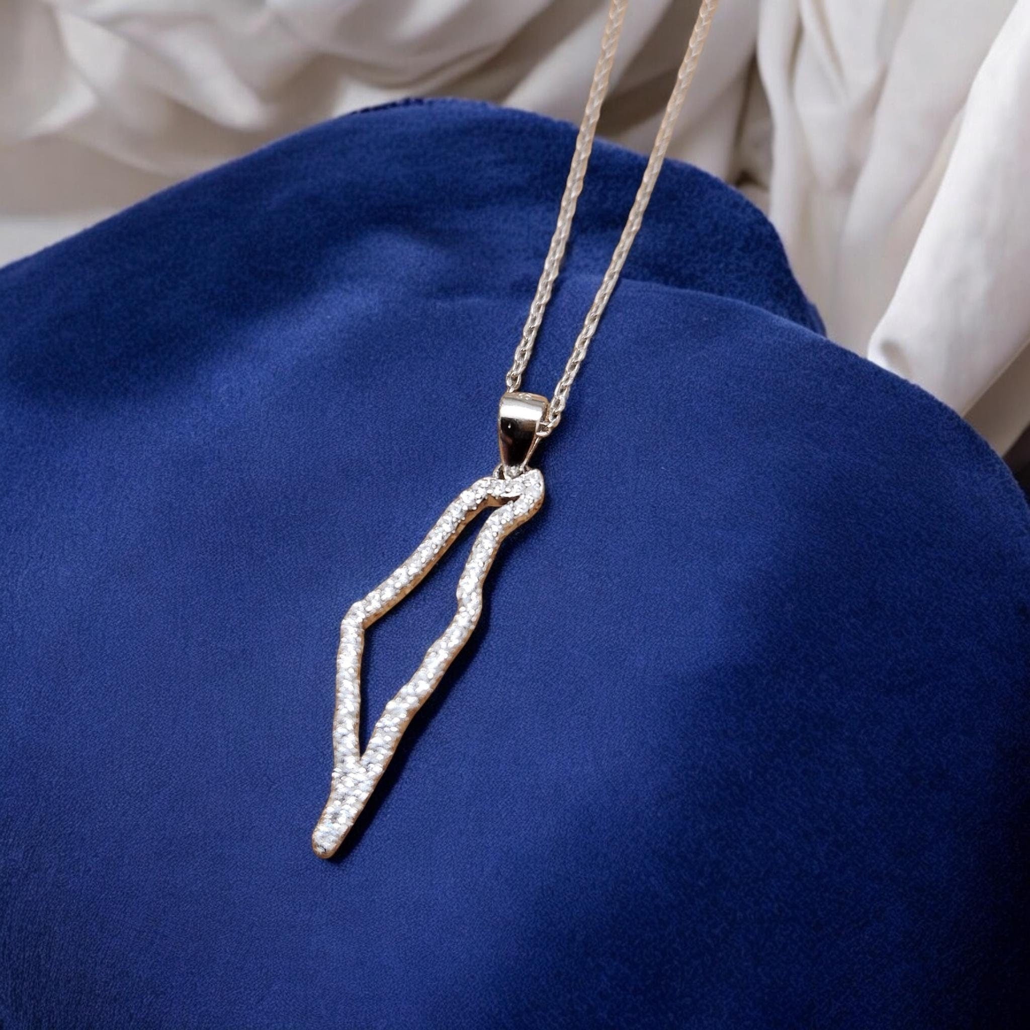 Israel Map Necklace Silver 925 with Zircons