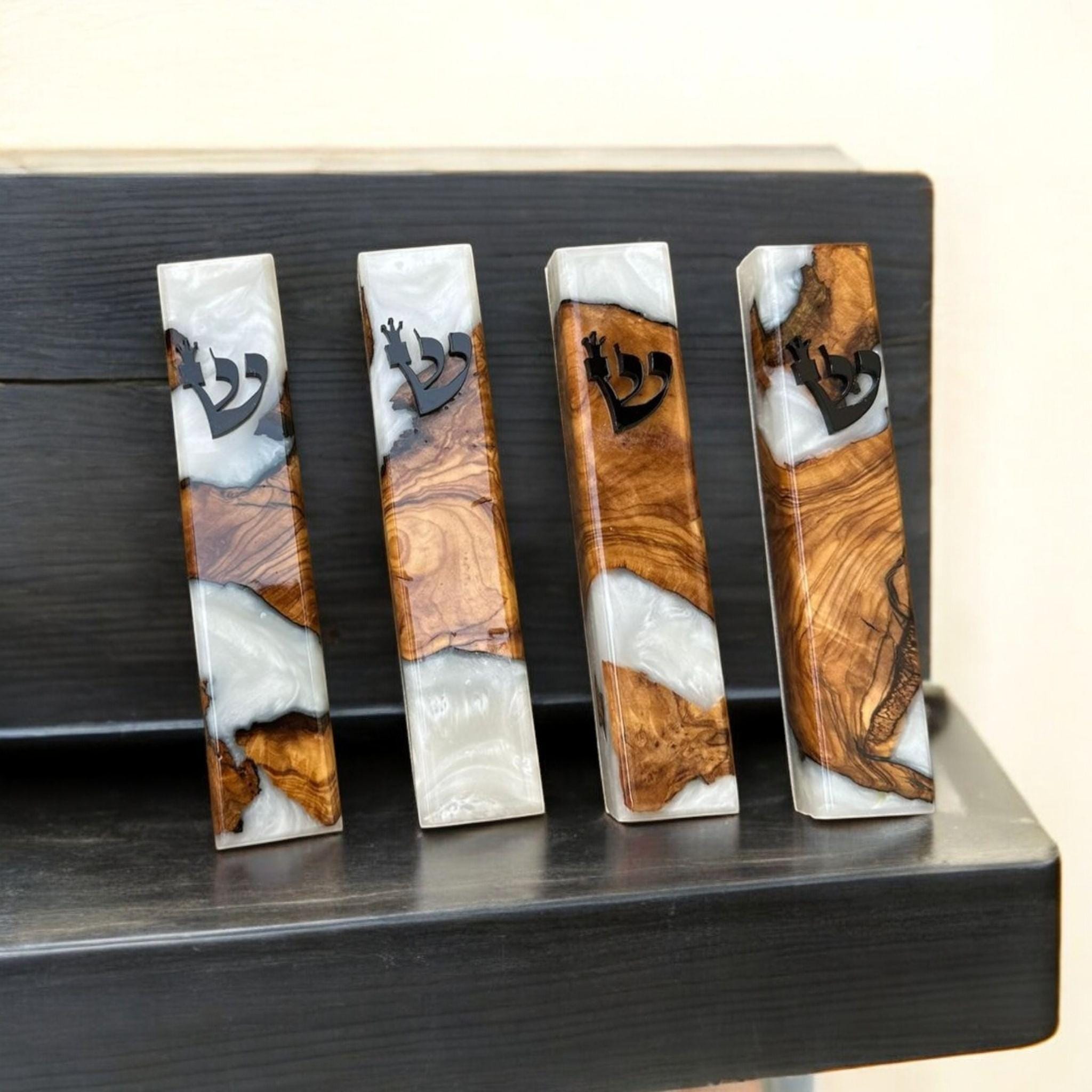 Personalized Mezuzah Case Israel Gift Made in Israel Olive Wood and Epoxy Mezuzah